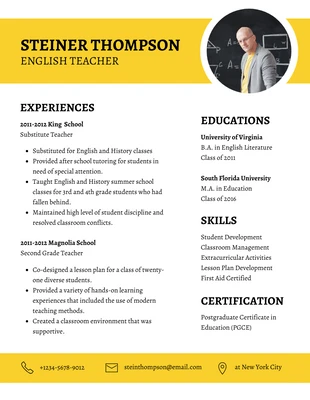 Free  Template: White Yellow English Teacher Resume Template