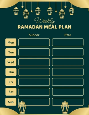 Free  Template: Green And Gold Modern Weekly Ramadan Meal Plan Schedule Template