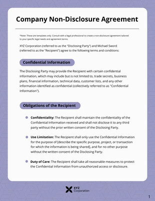 Free  Template: Purple Company Non-Disclosure Agreement Contract (NDA) Template