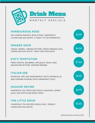 Free  Template: Light Grey And Teal Minimalist Pub Drink Menu