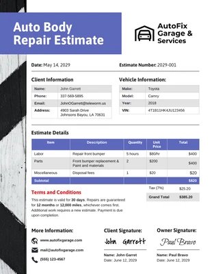 Free  Template: Auto Body Repair Estimate Template