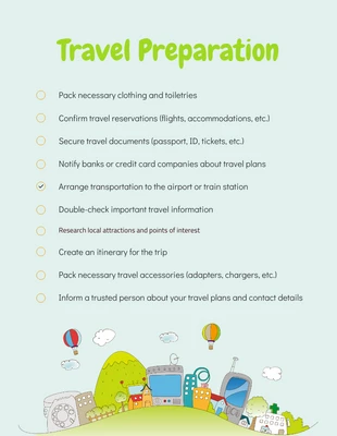 Free interactive Template: Illustration Travel Preparation Daily Checklist Template