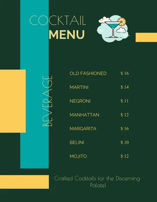 Free  Template: Green, Blue & Yellow Modern Cocktail Menu