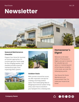 Free  Template: Maroon Pink Homeowner Digest Newsletter Template