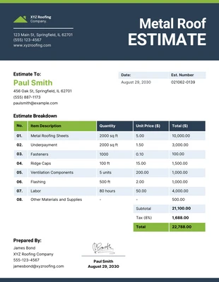 business  Template: Metal Roof Estimate Template