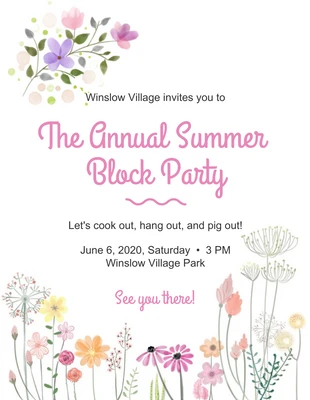 Free  Template: Floral Annual Summer Block Party Flyer Template