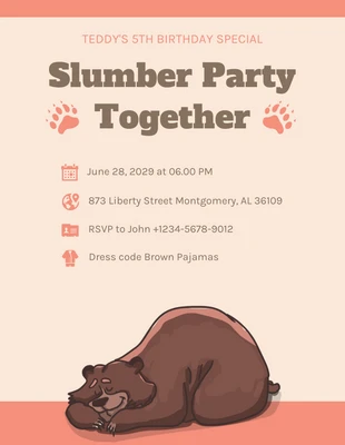 Free  Template: Beige And Orange Playful Illustration SImple Cute Bear Sleepover Party Invitation