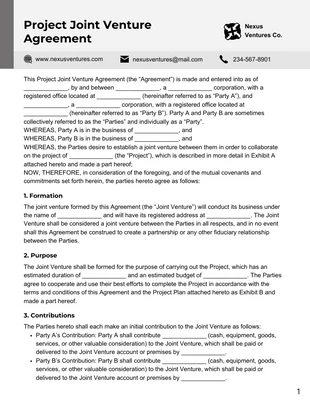 Free  Template: Grey Project Joint Venture Agreement Template