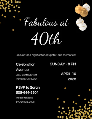 Free  Template: Black Gold Luxury 40Th Birthday Invitation