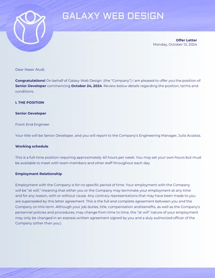 premium  Template: Web Developer Job Offer Letter Template