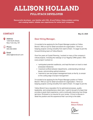 premium  Template: Red Full Stack Developer Cover Letter Template