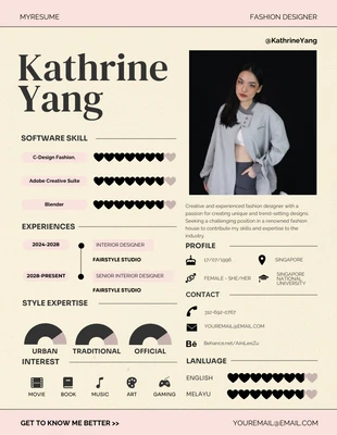 Free  Template: Pink Cream Fashion Designer Resume Template