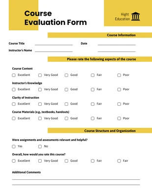 Free  Template: Simple Yellow Course Evaluation Form Template