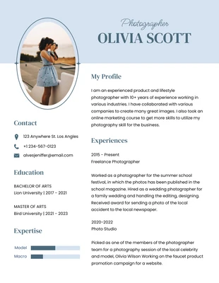 Free  Template: White Blue Classic Woman Photographer Resume Template