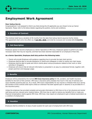 Free  Template: Employment Work Agreement Contract Template