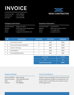 business  Template: Black Blue Contractor Invoice Template