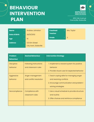 Free  Template: High School Behaviour Intervention Plan Template