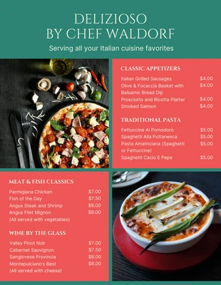 Free  Template: Green And Red Modern Photo Italian Restaurant Food Menu