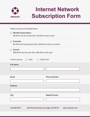 Free  Template: Internet Network Subscription Form Template