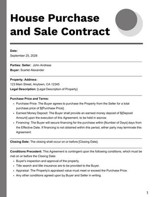 Free  Template: Grey White House Purchase and Sale Contract Template