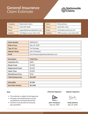 Free  Template: General Insurance Claim Estimate Template