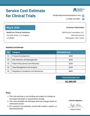 Free  Template: Service Cost Estimate Template For Clinical Trials