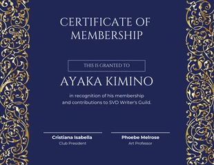 Free  Template: Navy Gold Vintage Writer Certificate of Membership Template