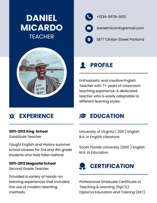 Free  Template: Blue White Curriculum Vitae for Teachers Resume Template