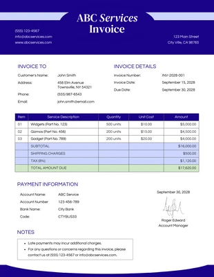 Free  Template: Royal Blue Service Invoice Template