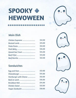 Free  Template: Light Blue Watercolor Cute Illustration Halloween Menu