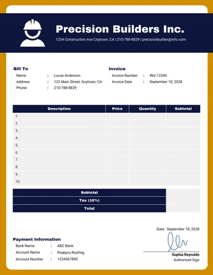 business  Template: Navy Blue Yellow Contractor Invoice Template