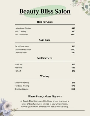 premium  Template: Simple Cream Beauty Salon Price List Template