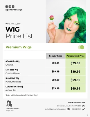 Free  Template: Wig Price List Template