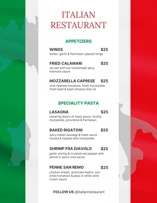 Free  Template: Green White Red Modern Flag Italian Restaurant Menu