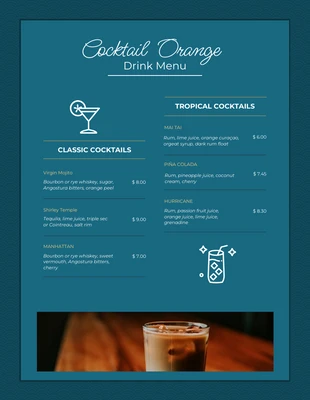 Free  Template: Dark Blue Cream And Green Cocktail Menu