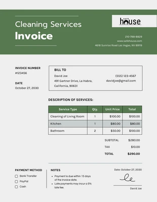 Free  Template: Simple Grey Green Cleaning Invoice Template