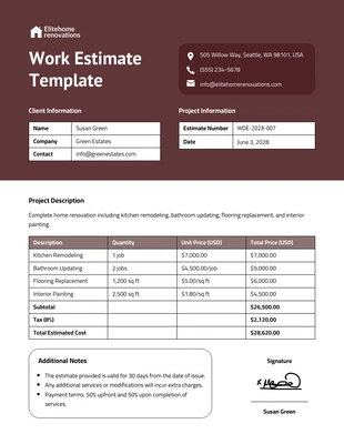 Free  Template: Work Estimate Template