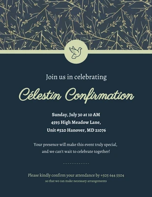 Free  Template: Dark Blue Floral Confirmation Invitation