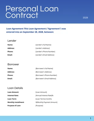 Free  Template: Gradient Blue Personal Loan Contract Template