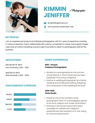 Free  Template: White Teal Clean Bold Photographer CV Resume Template