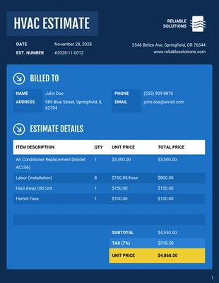 Free  Template: HVAC Estimate Template