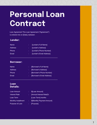 Free  Template: Purple Yellow Personal Loan Contract Template