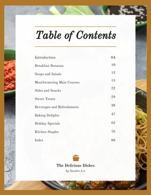 Free  Template: Editable Recipe Menu Table of Contents Template