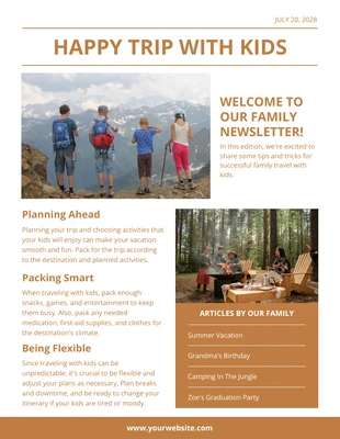 Free  Template: Brown Family Trip With Kids Newsletter Template