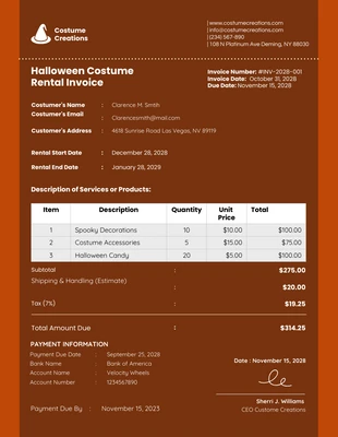 Free  Template: Pueblo Costume Rental Invoice Template