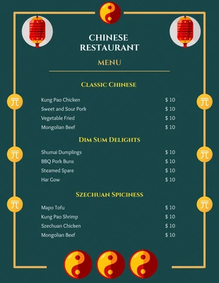 Free  Template: Dark Green Chinese Menus