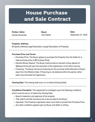 Free  Template: House Purchase and Sale Contract Template