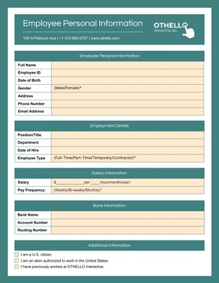 business  Template: Faded Jade Employee Personal Information Form Template