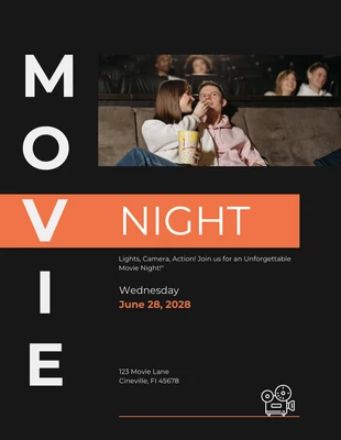 Free  Template: Simple Dark Minimalist Design Movie Night Invitations