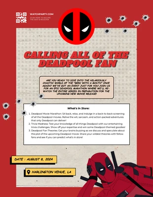 Free  Template: Red Deadpool Re-Watch Superhero Invitation Event